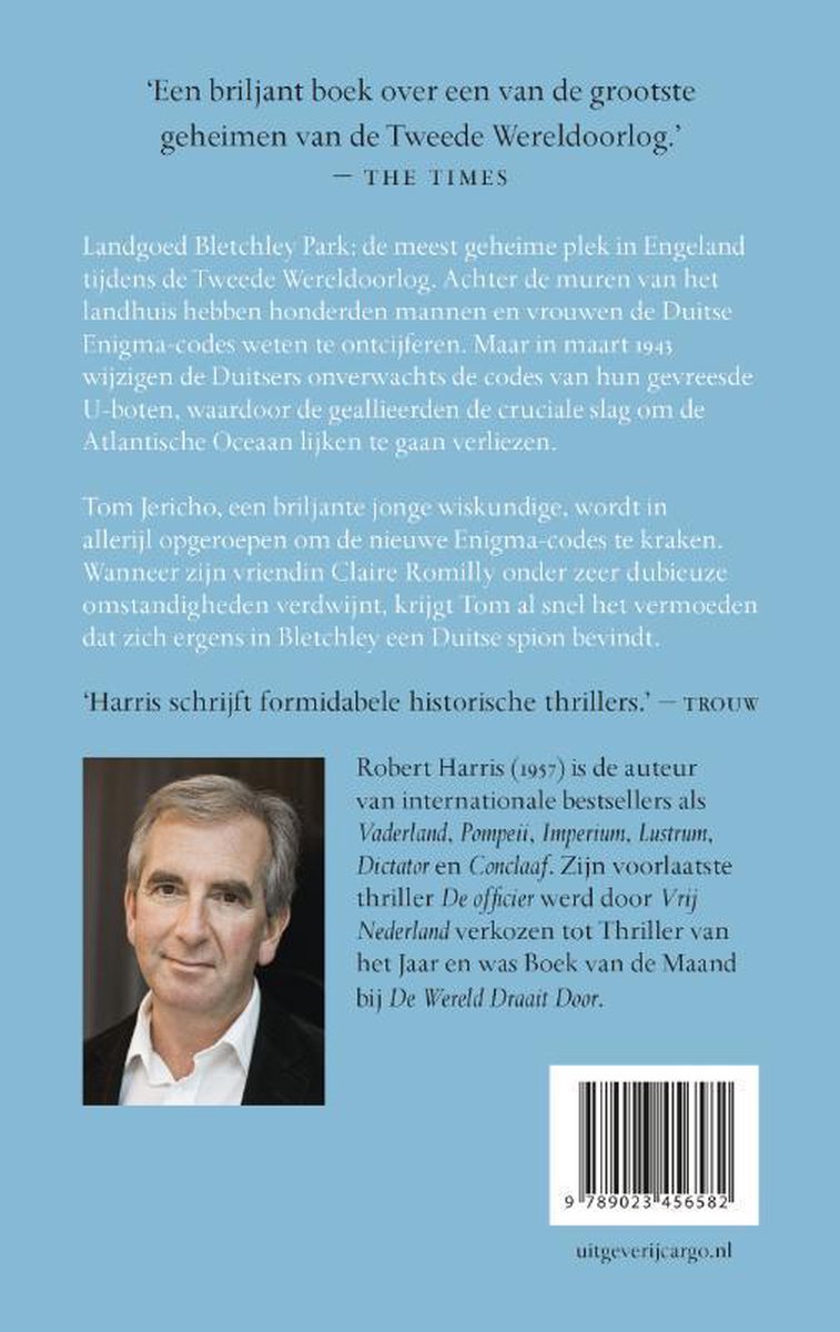 Achterkant boek 'Enigma' met portret van auteur Robert Harris en tekst over het boek.