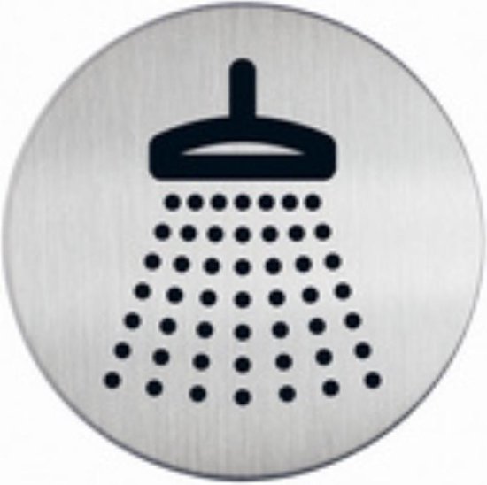 Plaque ronde argentée avec un pictogramme noir de pomme de douche.