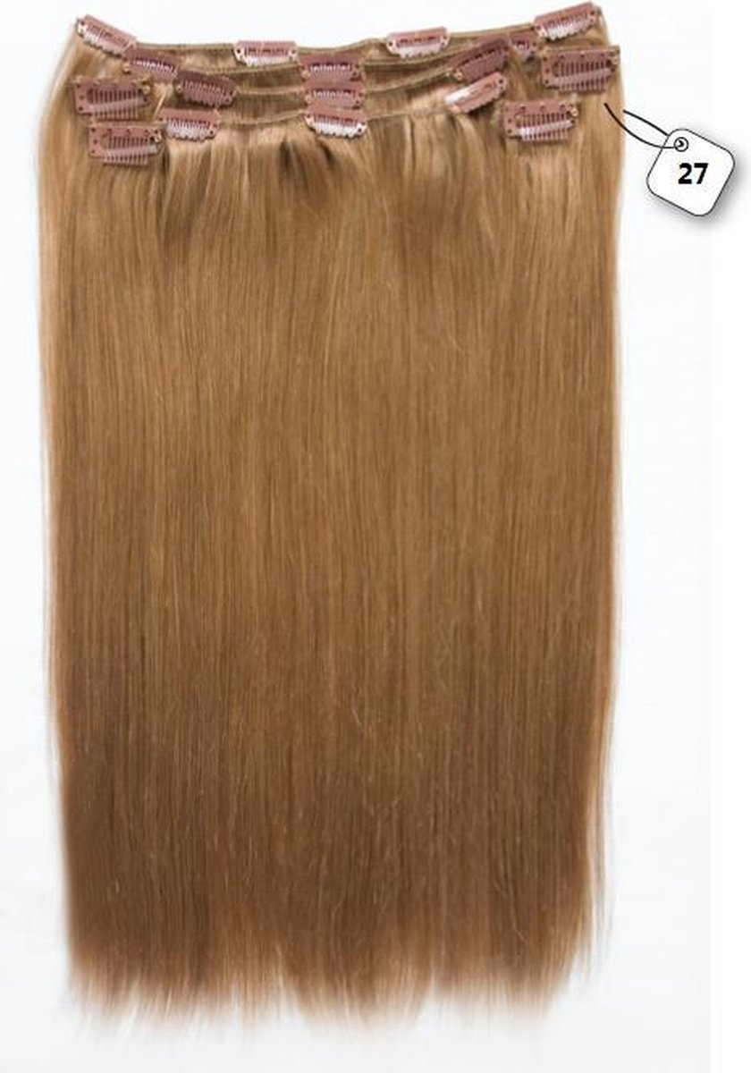 Clip in Extensions, 100% Human Hair Straight, 22 inch, kleur #27 Dark Blonde