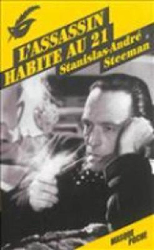 Couverture de livre avec le titre 'L'assassin habite au 21' en lettres jaunes sur fond noir. Un homme regarde au loin.