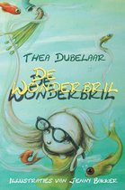 Boek 'De Wonderbril' van Thea Dubelaar, illustraties van Jenny Bakker. Een meisje met bril in de zee, omringd door vissen.