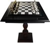 Afbeelding van het spelletje Luxe schaakset - Perzische set schaakstukken XL zwart/wit met goud + Schaaktafel Albaster - 58 x 58 x 67 cm