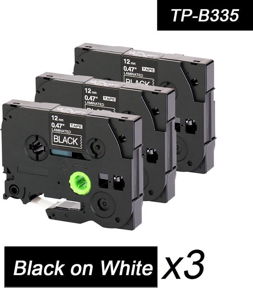 3x Brother Tze-335 TZ-335 Compatible voor Brother P-touch Label Tapes - Wit op Zwart - 12mm