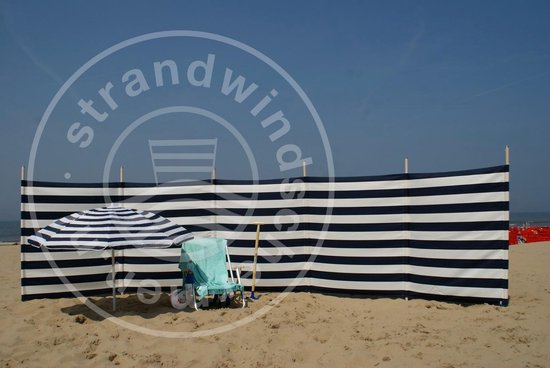 Van God Democratie Dronken worden Strand Windscherm 6 meter dralon marine blauw/wit met houten stokken |  bol.com