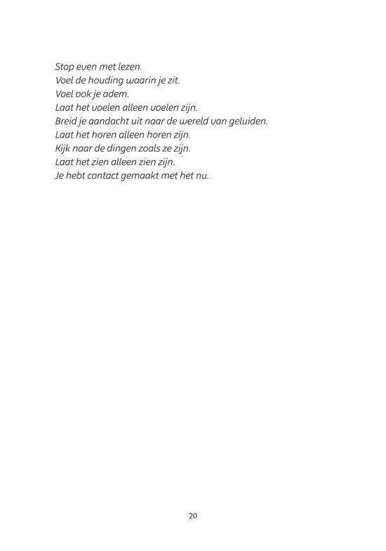 Pagina 20 met tekst over mindfulness: voel je houding, adem, geluiden, en dingen. Maak contact met het nu.
