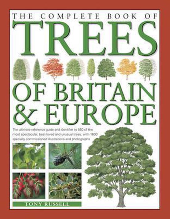 Boekomslag 'The Complete Book of Trees of Britain & Europe' met illustraties van bomen en een grote eik.