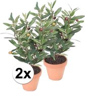 2x Kunstplant olijfboomje groen in pot 35 cm- Kamerplant groen olijfboom