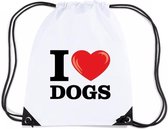 Nylon I love dogs/ honden rugzak/ gymtas wit met rijgkoord