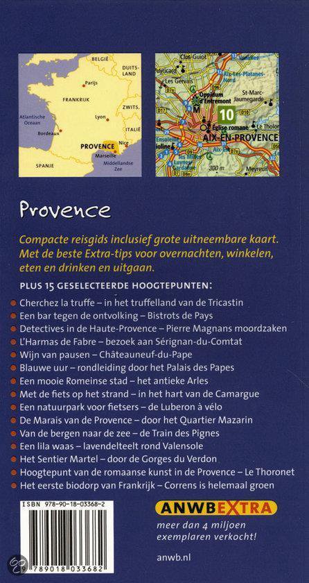 De achterkant van een ANWB Extra reisgids over de Provence met een inhoudsopgave en een kaart.