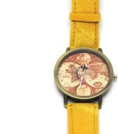 Horloge met wereldkaart en vliegtuig geel vintage