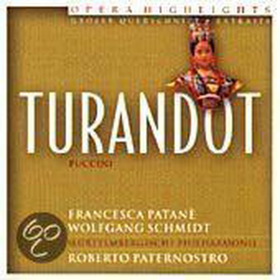 Cd-hoes van Puccini's Turandot met een operazangeres in kostuum op een goudkleurige achtergrond.