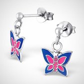 925 zilveren oorstekers -  vlinder - roze/ blauw