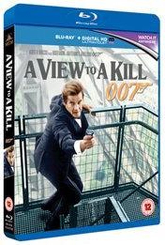 Blu-ray hoes van A View to a Kill met Roger Moore als James Bond in een zwart pak met pistool, rennend op een metalen trap.