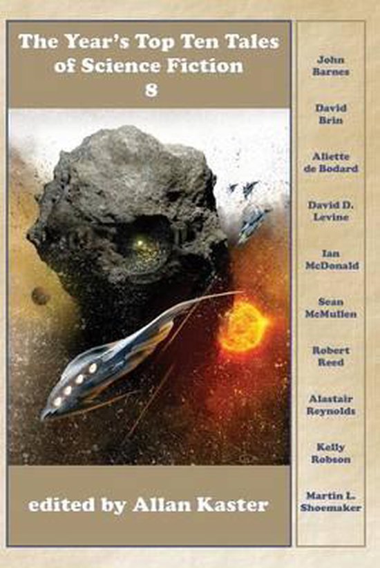 Boekcover: 'The Year's Top Ten Tales of Science Fiction 8', met asteroïde, ruimteschip en zonsverduistering.