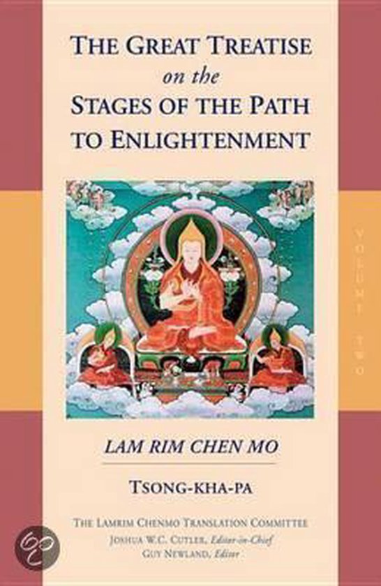 Boek "The Great Treatise on the Stages of the Path to Enlightenment", met een Tibetaanse illustratie van een Boeddhistische figuur.