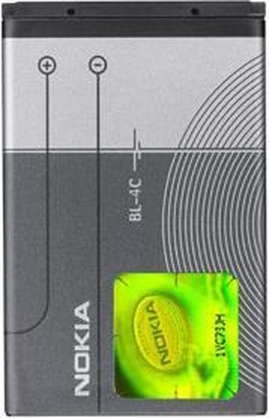 Nokia BL-4C batterij met zilveren en grijze markeringen en een beveiligingssticker.