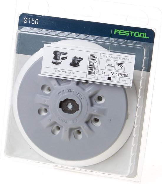 Festool schuurschijf ST-STF Ø150/17 FT-M8-SW in verpakking met afbeeldingen van schuurmachines.