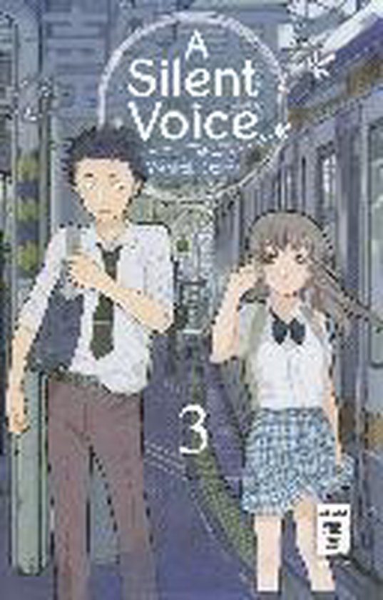Page de titre de 'A Silent Voice 3' avec Shoya et Shoko dans une gare.