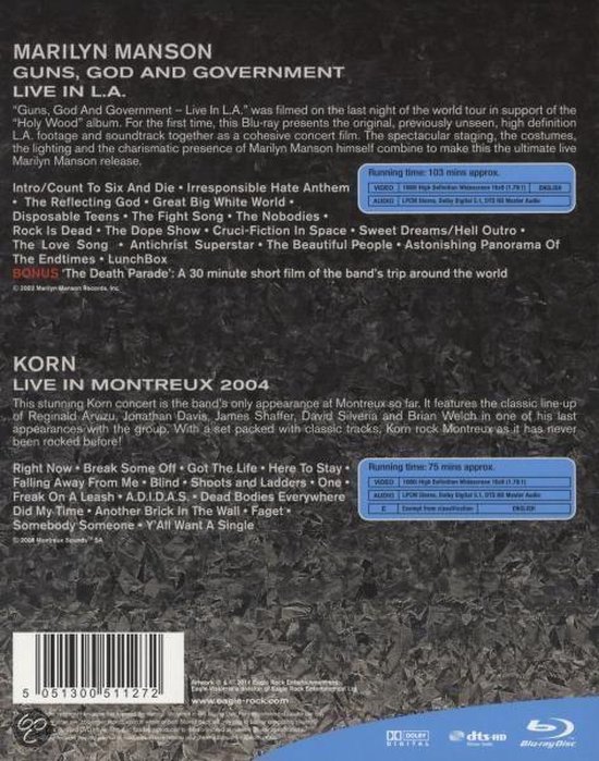 Achterkant van een Blu-ray boxset met Guns, God and Government Live in L.A. en Korn Live in Montreux 2004. Bevat tracklijsten en specificaties.