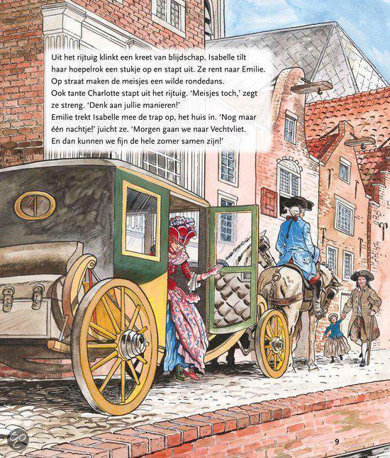 Illustratie van een koets die arriveert bij een huis, met mensen in historische kledij.
