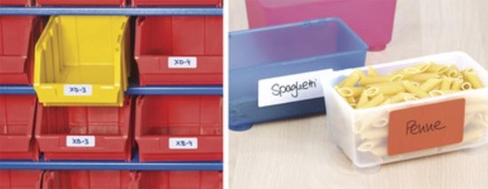 Gele bak en rode bakjes met labels