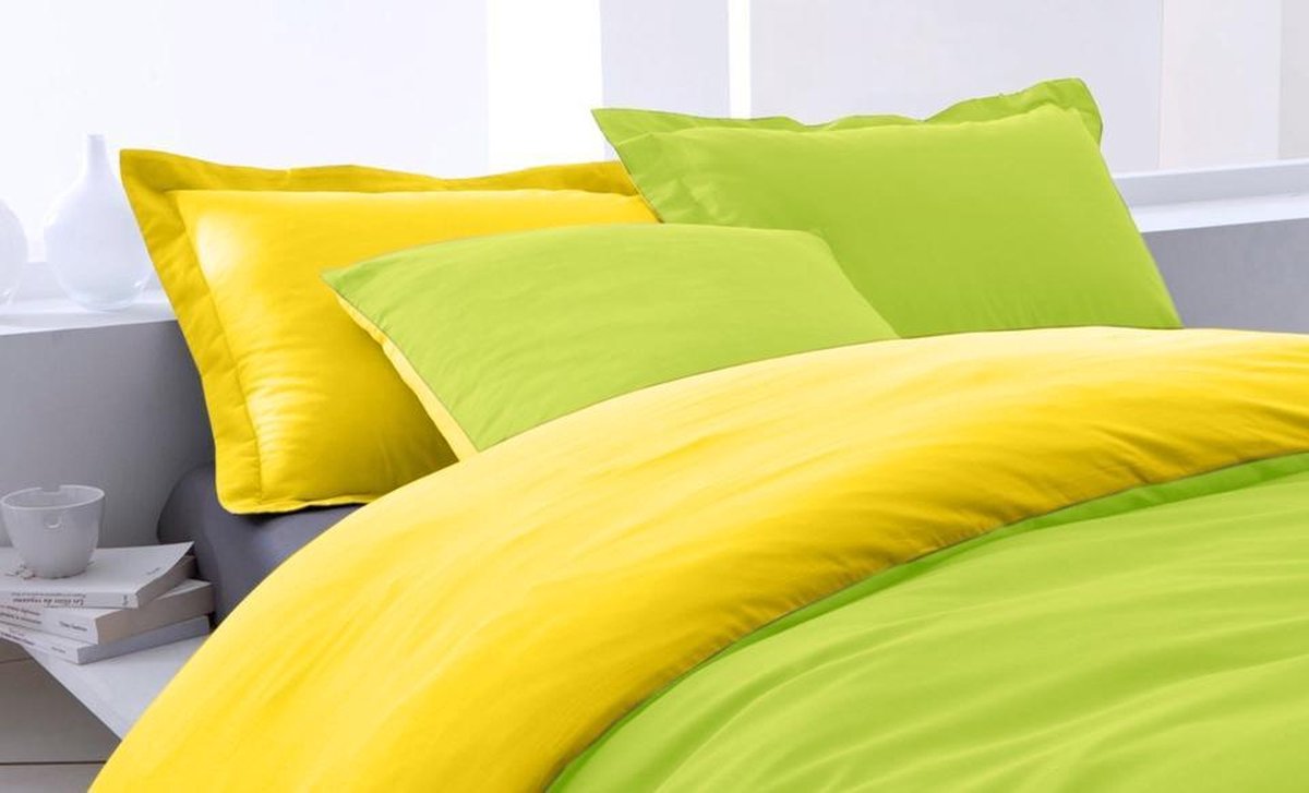 SENZA DONNA 100% Katoen Percaline Dekbedovertrek Uni Double Face 240x240-2x60x70 cm ( 240 cm Lang ) APPELGROEN/GEEL