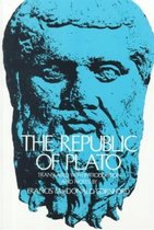 Blauwe omslag met een turquoise buste van Plato. De tekst "THE REPUBLIC OF PLATO" staat in witte letters.
