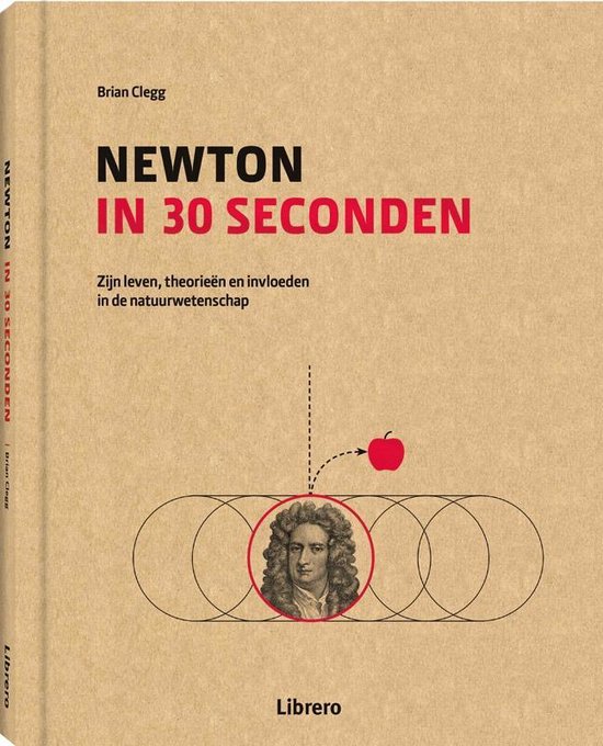Boek 'Newton in 30 seconden' met portret van Newton, appel en cirkels.