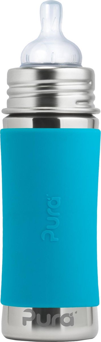 Pura Speenfles 325 ml - Plasticvrij - Drinkfles - Voorkomt Maagkrampen - Vaatwasserbestendig - Inclusief Siliconen Speen Reisdop en Sleeve - Top is Verwisselbaar - Veelzijdig - Aqua