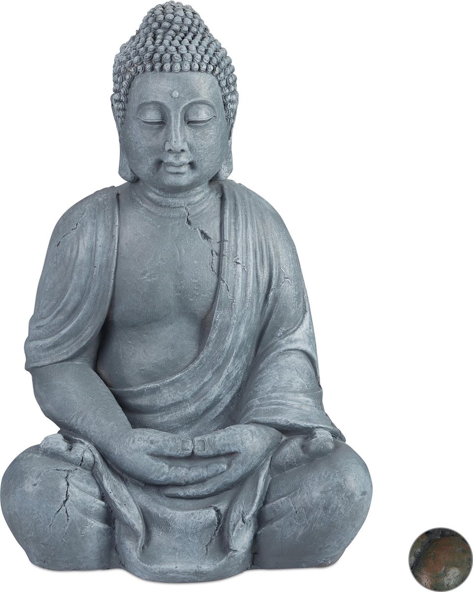 Relaxdays boeddha beeld 70 cm hoog tuindecoratie tuinbeeld Boeddhabeeld zittend Lichtgrijs