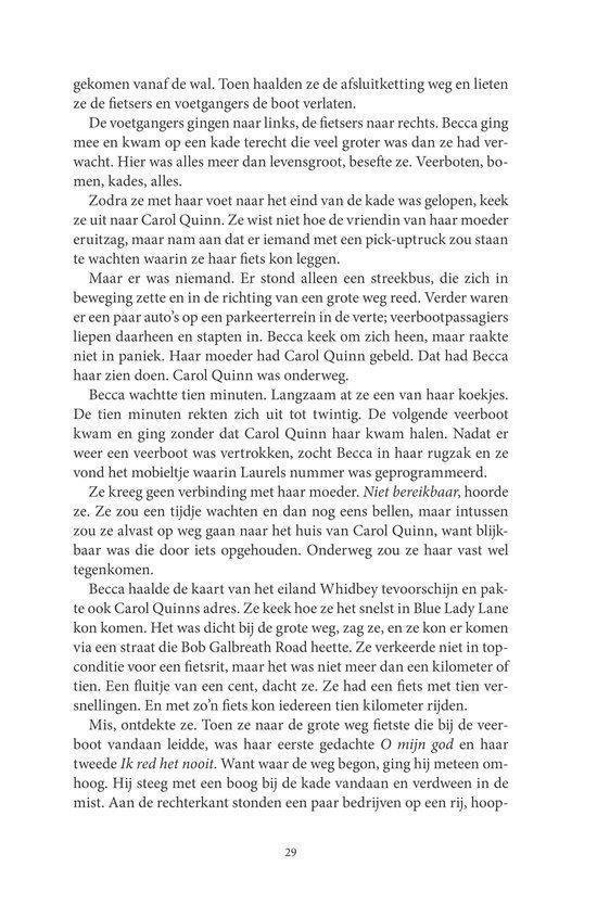 Pagina 29 van het boek 'Stormgevaar' met een verhaal over fietsen, een weg en een rijden.