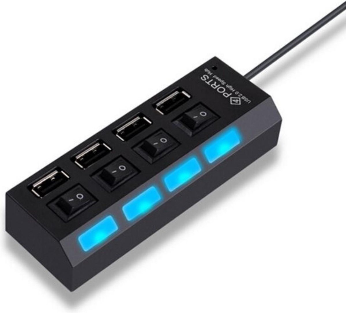 4 Ports USB Hub / Multi Oplaadadapter met Aan/Uit knop en LED Verlichting - Zwart