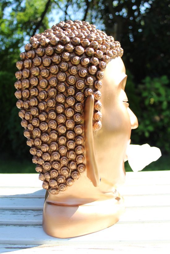 Bronzen Boeddha hoofd tissuehouder, profiel met gekruld haar en tissue.