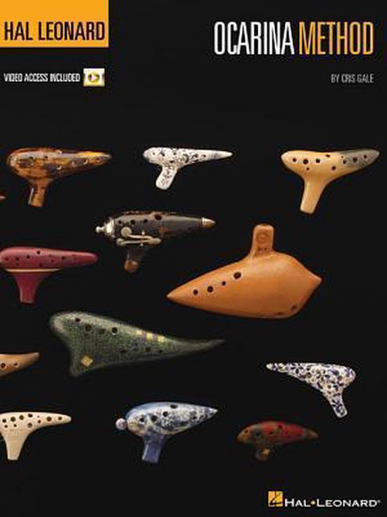 Boekomslag voor de Ocarina Methode van Hal Leonard, met diverse ocarina's op een zwarte achtergrond.