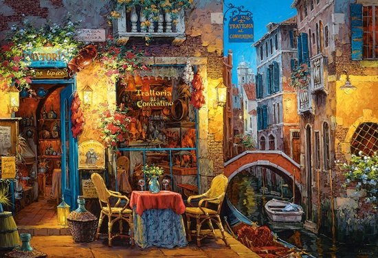 Een schilderij van een Venetiaans kanaal met een trattoria en een gondel. De trattoria heeft een blauwe deur en is versierd met planten en pepers.