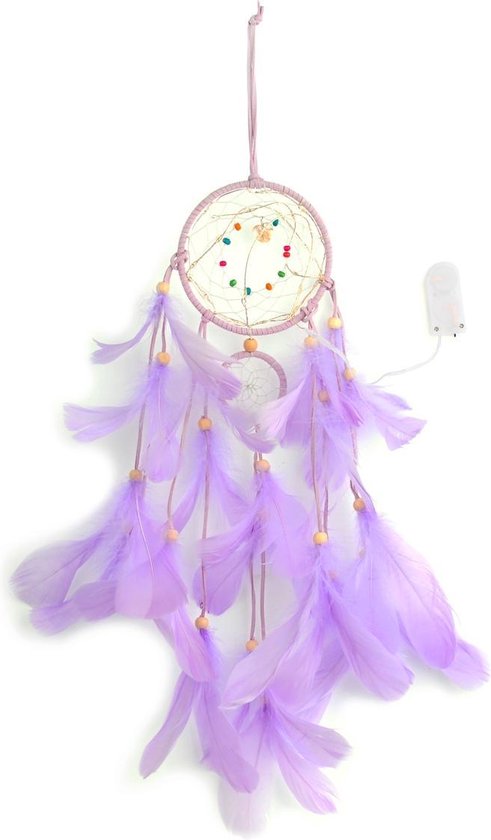 Pendentif attrape-rêves avec plumes et lumières LED 55x11cm - Multicolore / Lilas