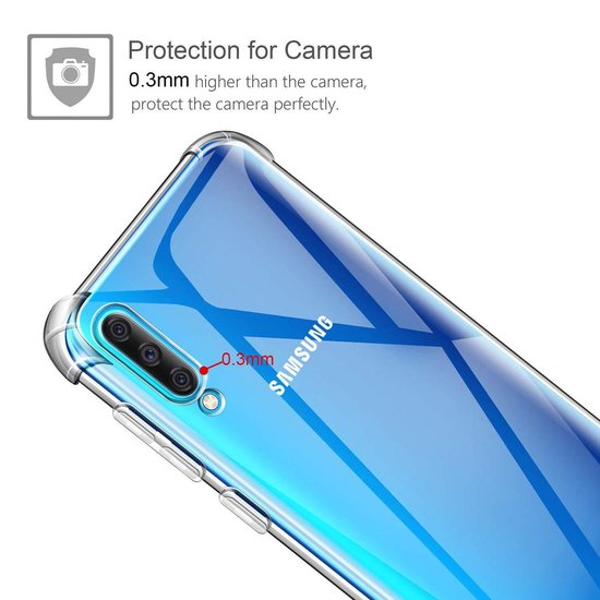 Close-up van de achterkant van een blauwe Samsung telefoon in een transparante hoes, die 0.3mm boven de camera uitsteekt.
