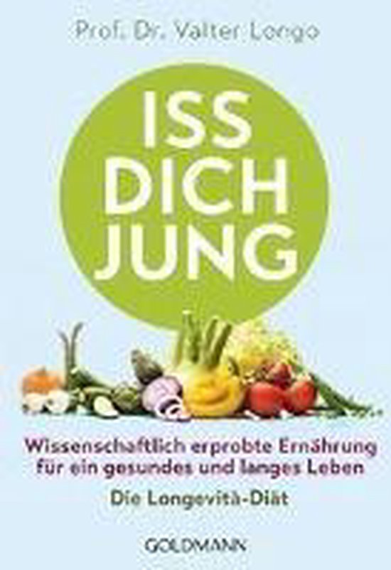 Boek met de titel 'ISS DICH JUNG' in een groene cirkel, met tekst en groenten.