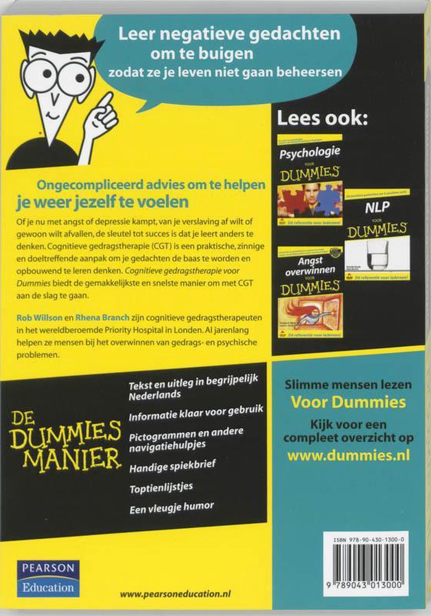 Boek "Cognitieve gedragstherapie voor Dummies" met een illustratie van een man met een gestileerde coupe. Tekst in het Nederlands.
