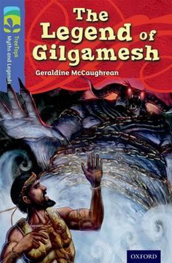 Livre 'The Legend of Gilgamesh' avec un homme au premier plan, main levée, et un monstre enchaîné en arrière-plan.