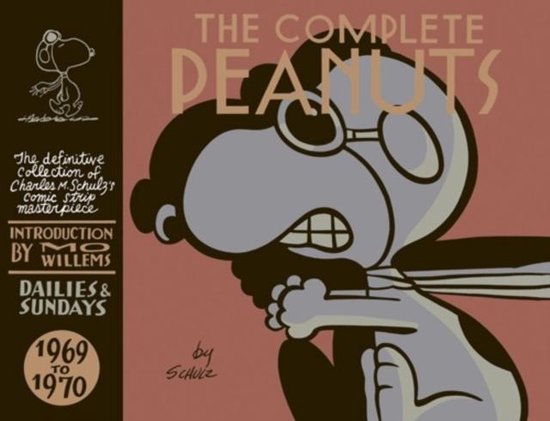 Couverture de 'The Complete Peanuts 1969-1970', avec un grand dessin de Charlie Brown portant des lunettes et une casquette de pilote.