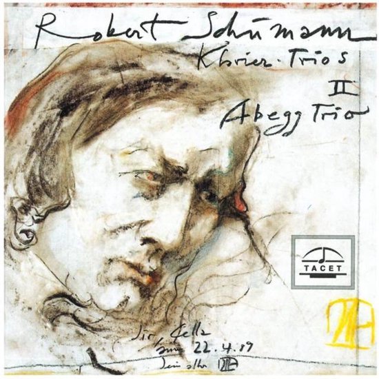 Albumhoes met een schets van een mannenhoofd, tekst: Robert Schumann Klavier Trios II, Abegg Trio, Tacet.