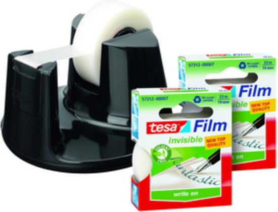 Distributeur de ruban adhésif Tesa noir avec un rouleau de film, et deux boîtes de "tesa Film invisible".