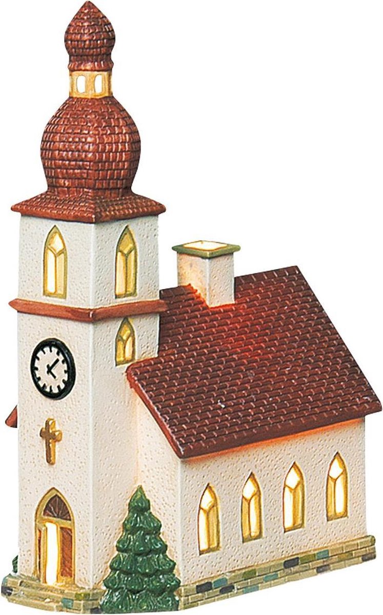 Handbeschilderde porseleinen kerstkerk met afmetingen B14 x H21 x D8 cm, merkloos.