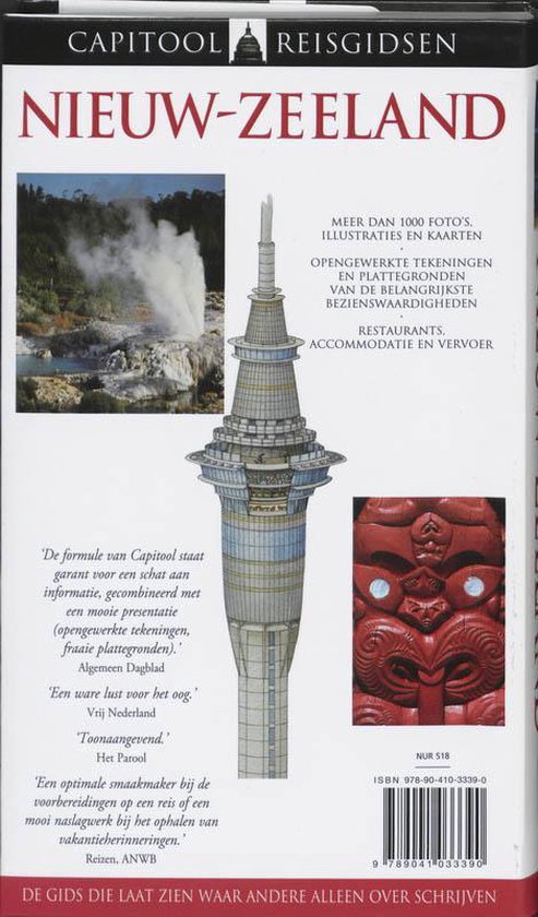 Achterkant van een reisgids 'Nieuw-Zeeland' met afbeeldingen van geisers, een toren en een Maori-afbeelding.