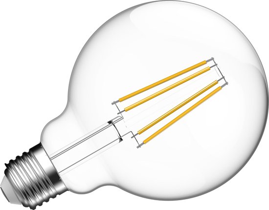 Transparante LED-lamp in G200 formaat met zichtbare LED-filamenten.