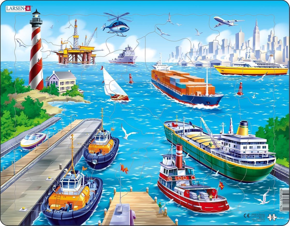 Larsen De haven – Puzzel – Voertuigen & Techniek – Haven en scheepvaart – Educatieve legpuzzel voor kinderen – 35 stukjes – Gemaakt in Noorwegen – Extra dikke 2,5 mm stukjes – Tray met vaste rand