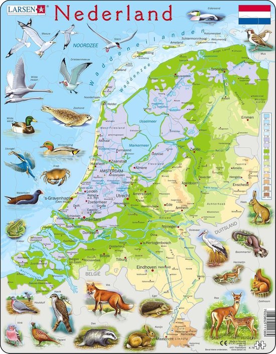Puzzel Maxi Kaart - Nederland Geografisch met Dieren - 68 stukjes