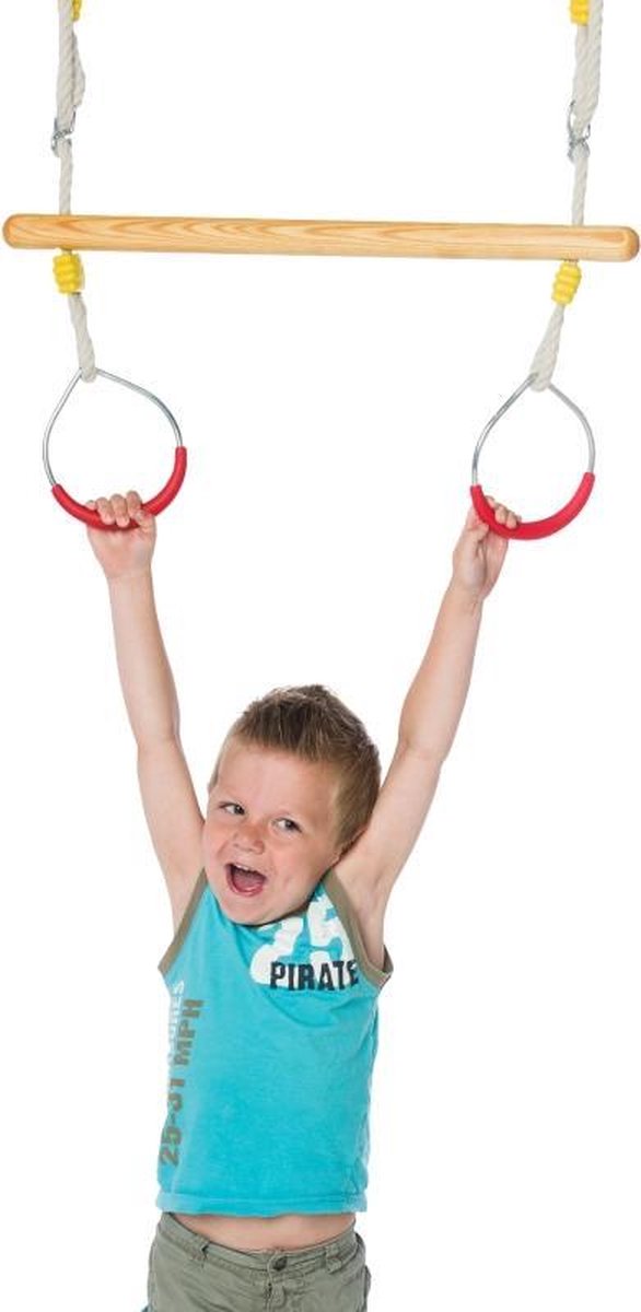 Déko-Play trapeze  van essen hout behandeld met lijnzaadolie met metalen ringen met kunststof rood - Déko-Play