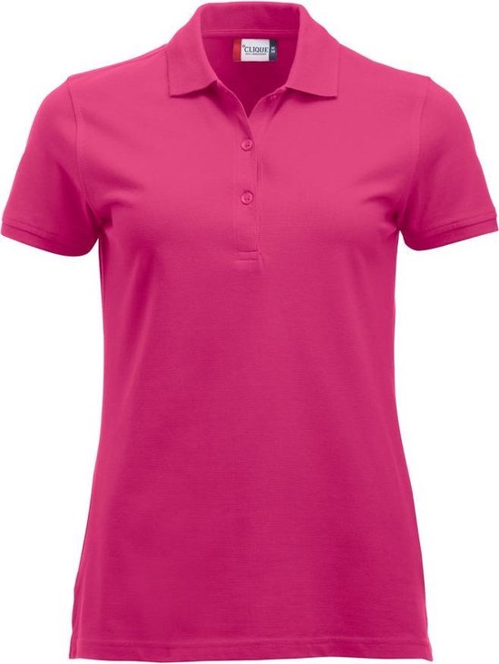 Felroze damespoloshirt met korte mouwen en knoopsluiting.
